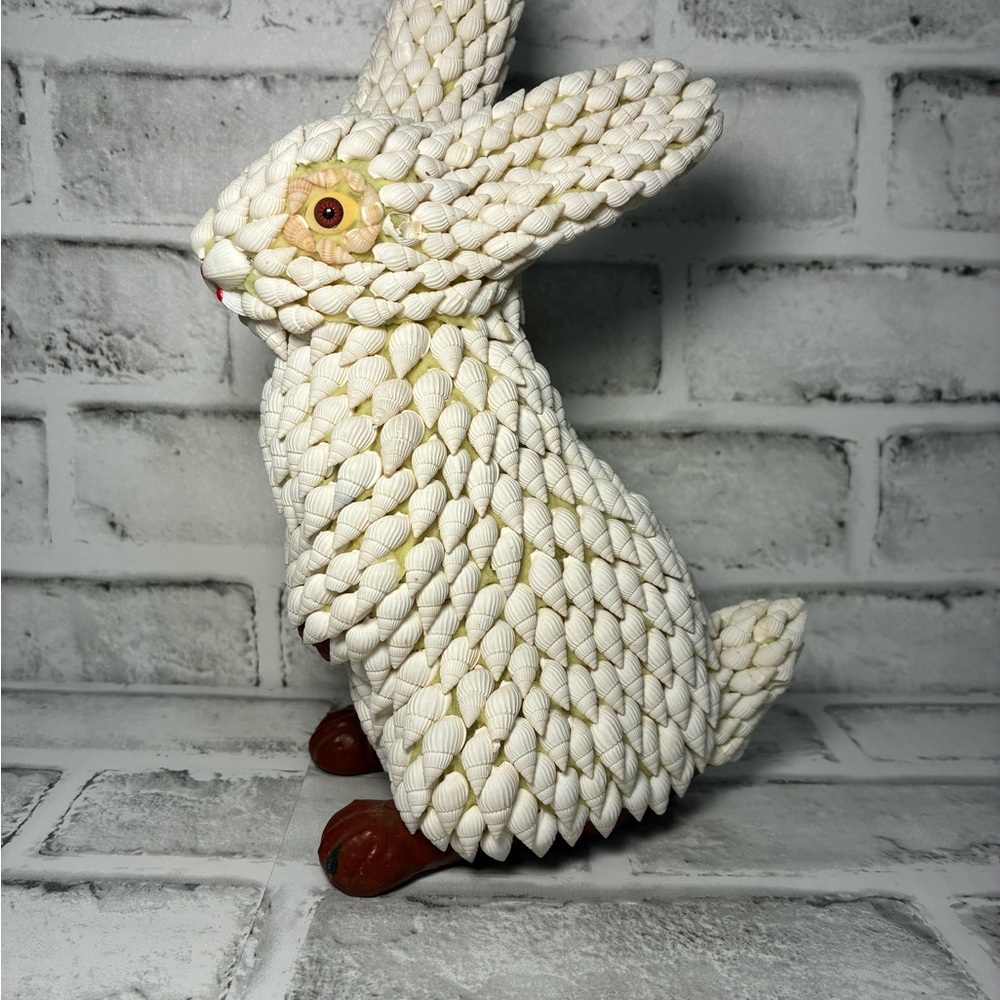 White and Brown Sea Shell-Covered Rabbit Sculpture
